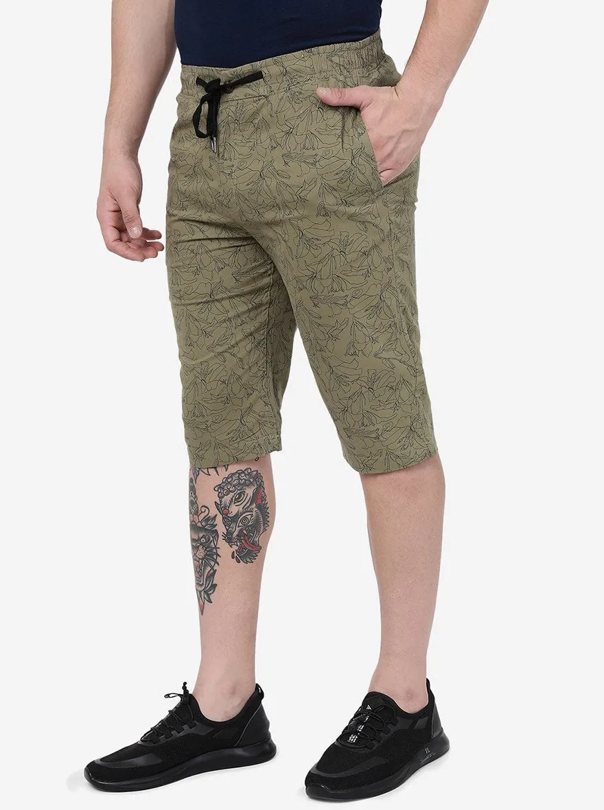 Light Olive Printed Slim Fit Capri | JadeBlue