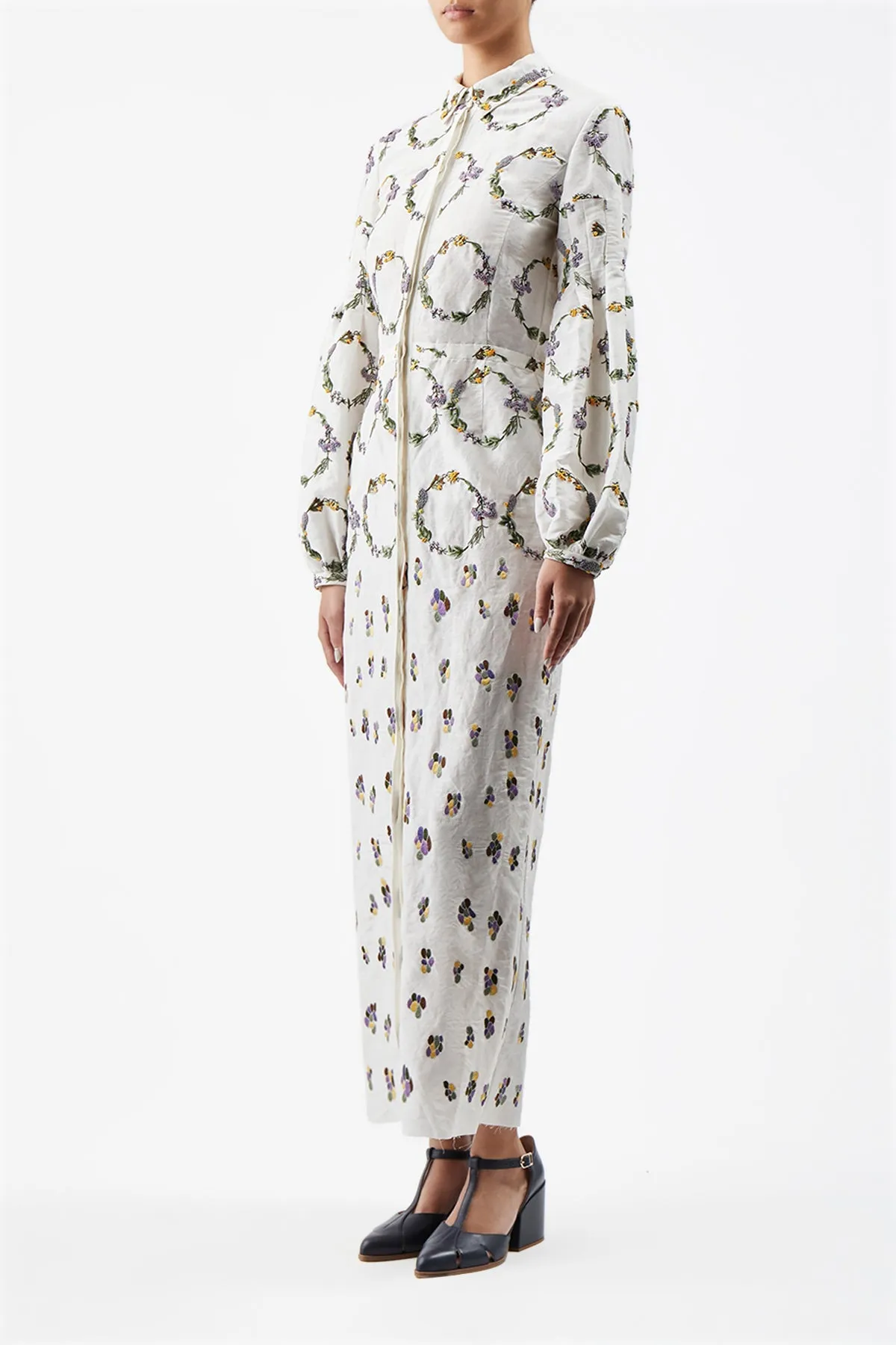 Mauri Embroidered Shirtdress in Ivory Linen Silk