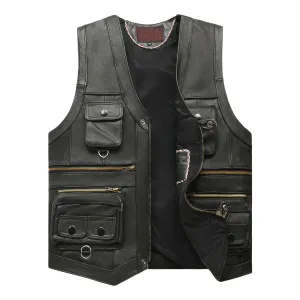 Men’s Black Biker Genuine Cowhide V-Neck Cafe Racer Vest Multi Pockets Motorcycle Sporty Racer Leather Waistcoat