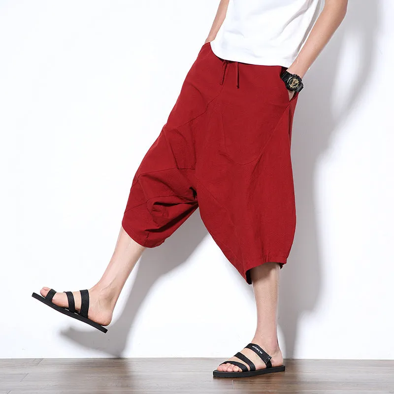 Mens Casual Elastic Waist Linen Capri Wide Leg Baggy Harem Pants Trousers