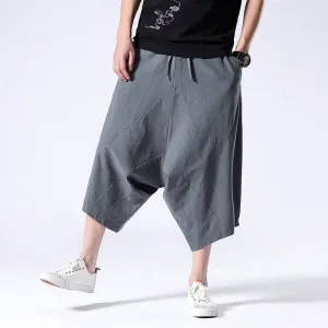 Mens Casual Elastic Waist Linen Capri Wide Leg Baggy Harem Pants Trousers