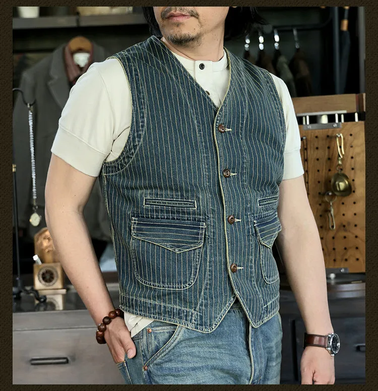 Men's Striped V-neck Denim Vest