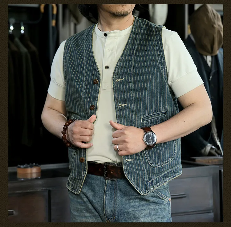 Men's Striped V-neck Denim Vest