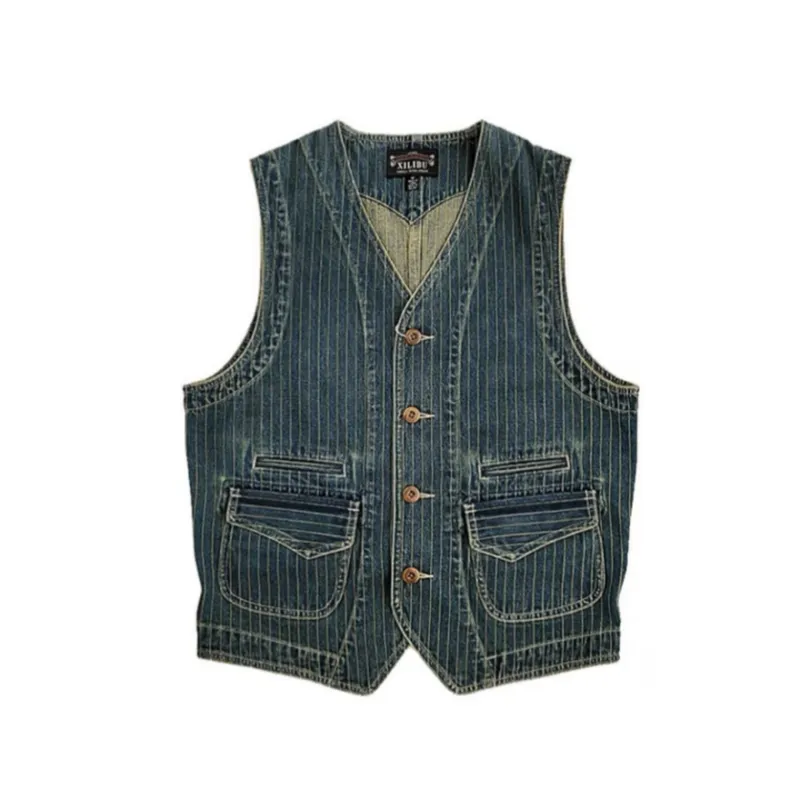 Men's Striped V-neck Denim Vest