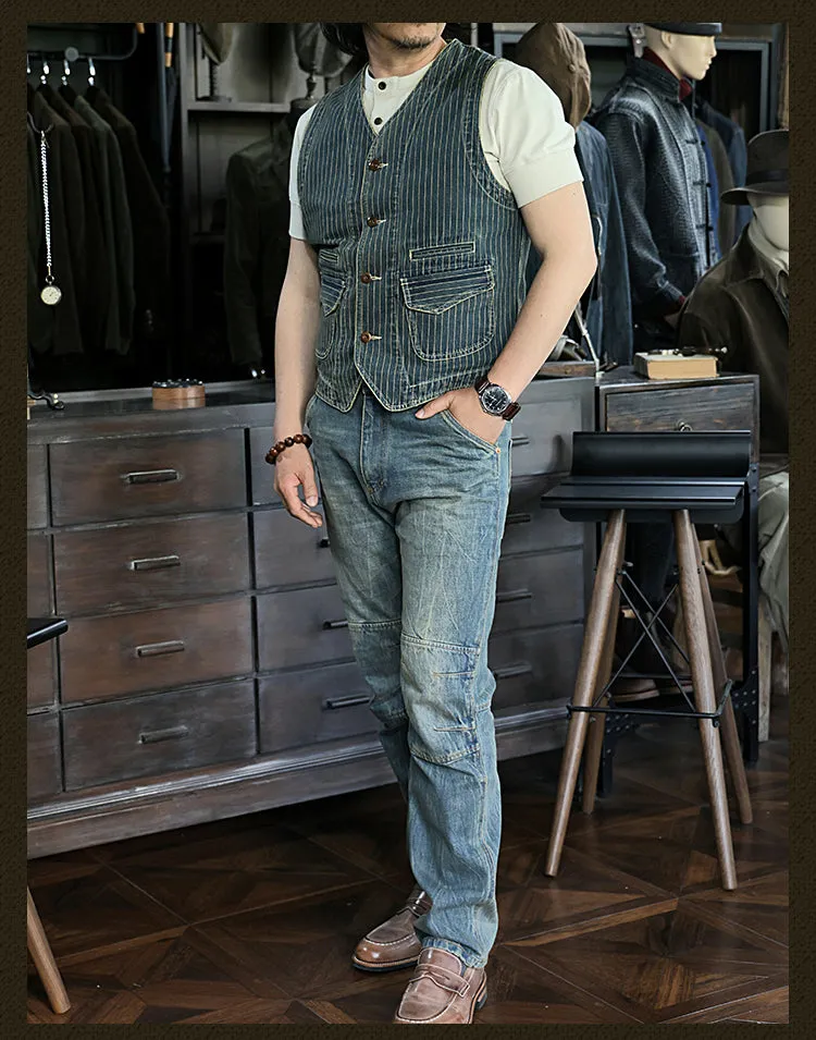 Men's Striped V-neck Denim Vest