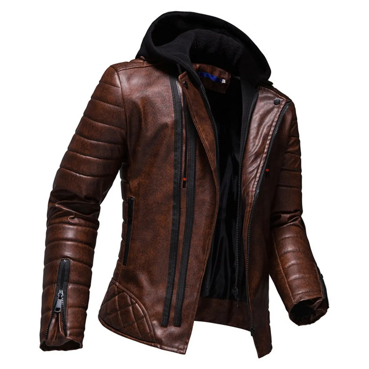 Men’s Vintage Distressed Brown Biker Genuine Sheepskin Lapel Collar Hooded Motorcycle Rider Crossover Retro Quilted Asymmetric Leather Jacket