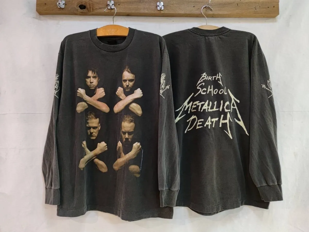 Metallica Birth School Metallica Death Distressed Long Sleeve T-Shirt with Iconic Band Pose