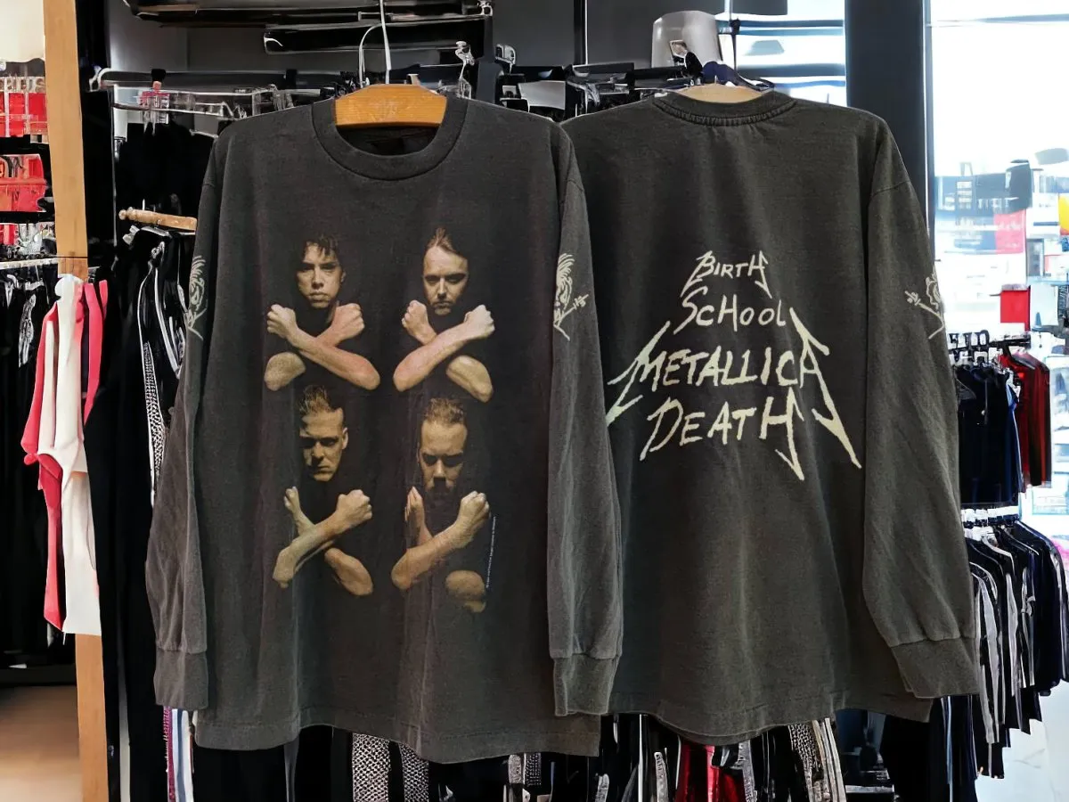 Metallica Birth School Metallica Death Distressed Long Sleeve T-Shirt with Iconic Band Pose