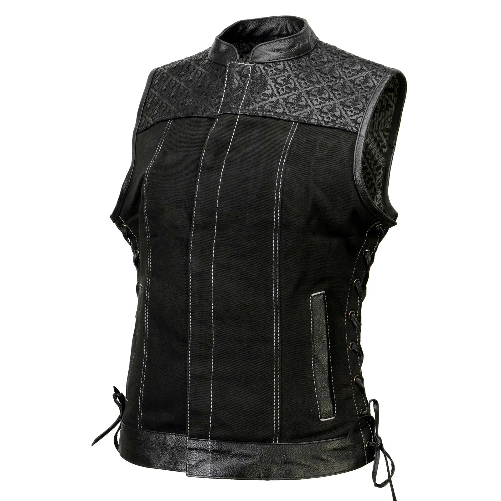 Milwaukee Leather MDL4052 Women's 'Skelly' Black Motorcycle Denim Vest w/ Skull Embroidery