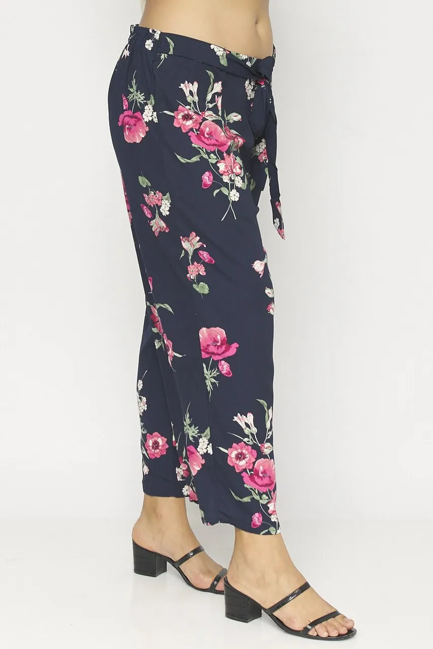 Navy Blue Floral Plus Size Capri Pants