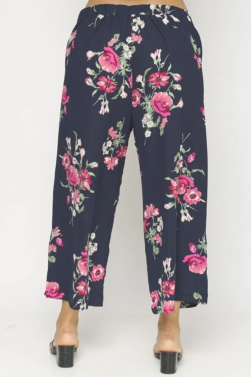 Navy Blue Floral Plus Size Capri Pants