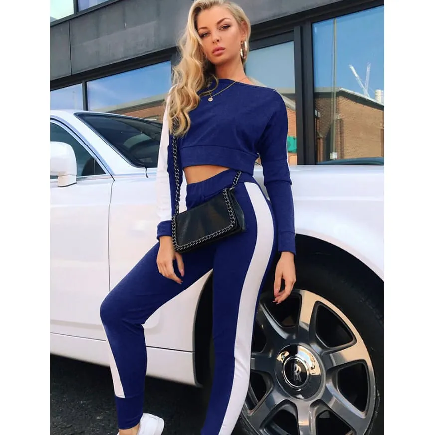 One Shoulder Side Stripe Crop Sweater & Jogger Pants Sports Set