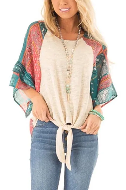 Paisley Bat Sleeve Knot Loose Blouse