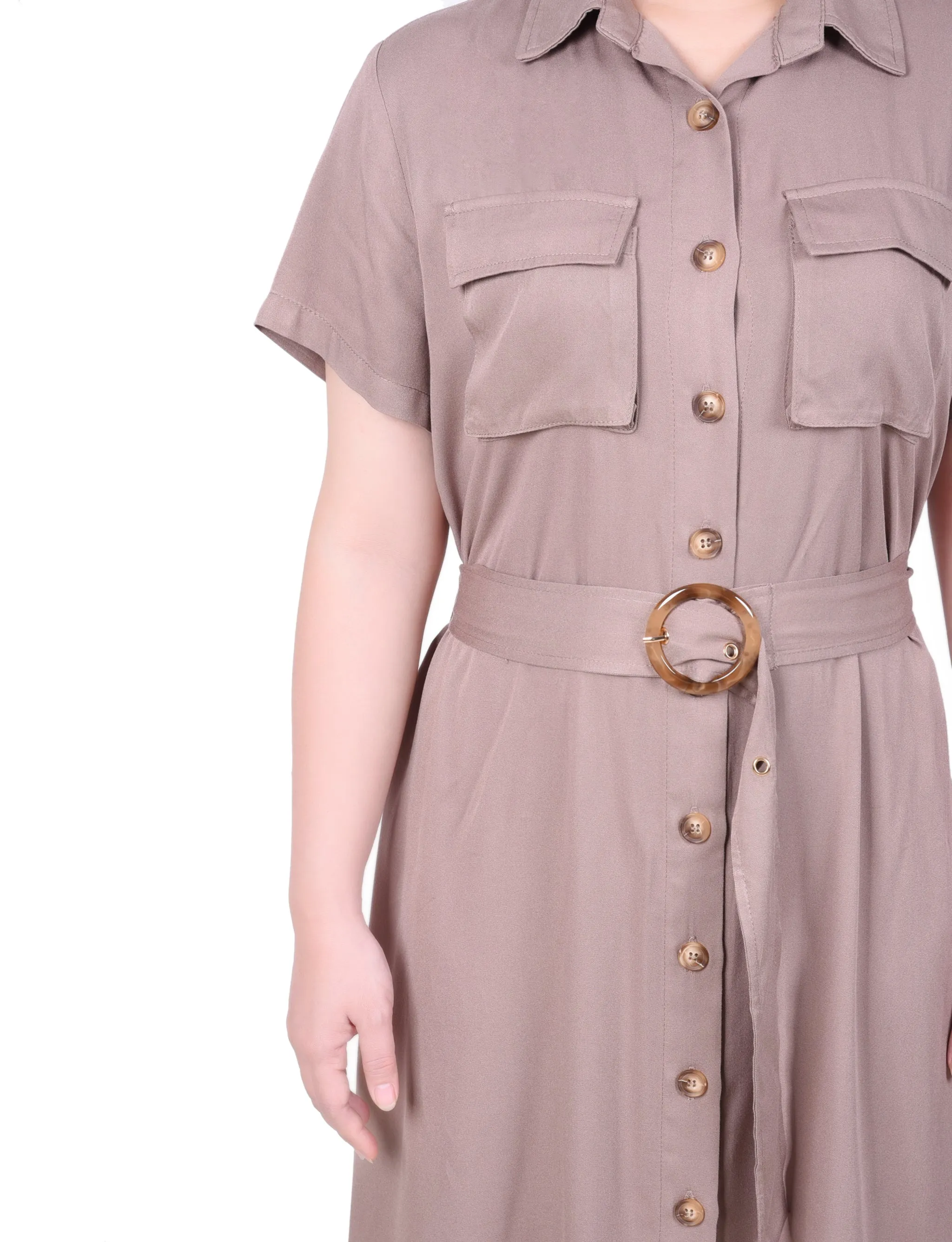 Petite Short Sleeve Safari Style Dress