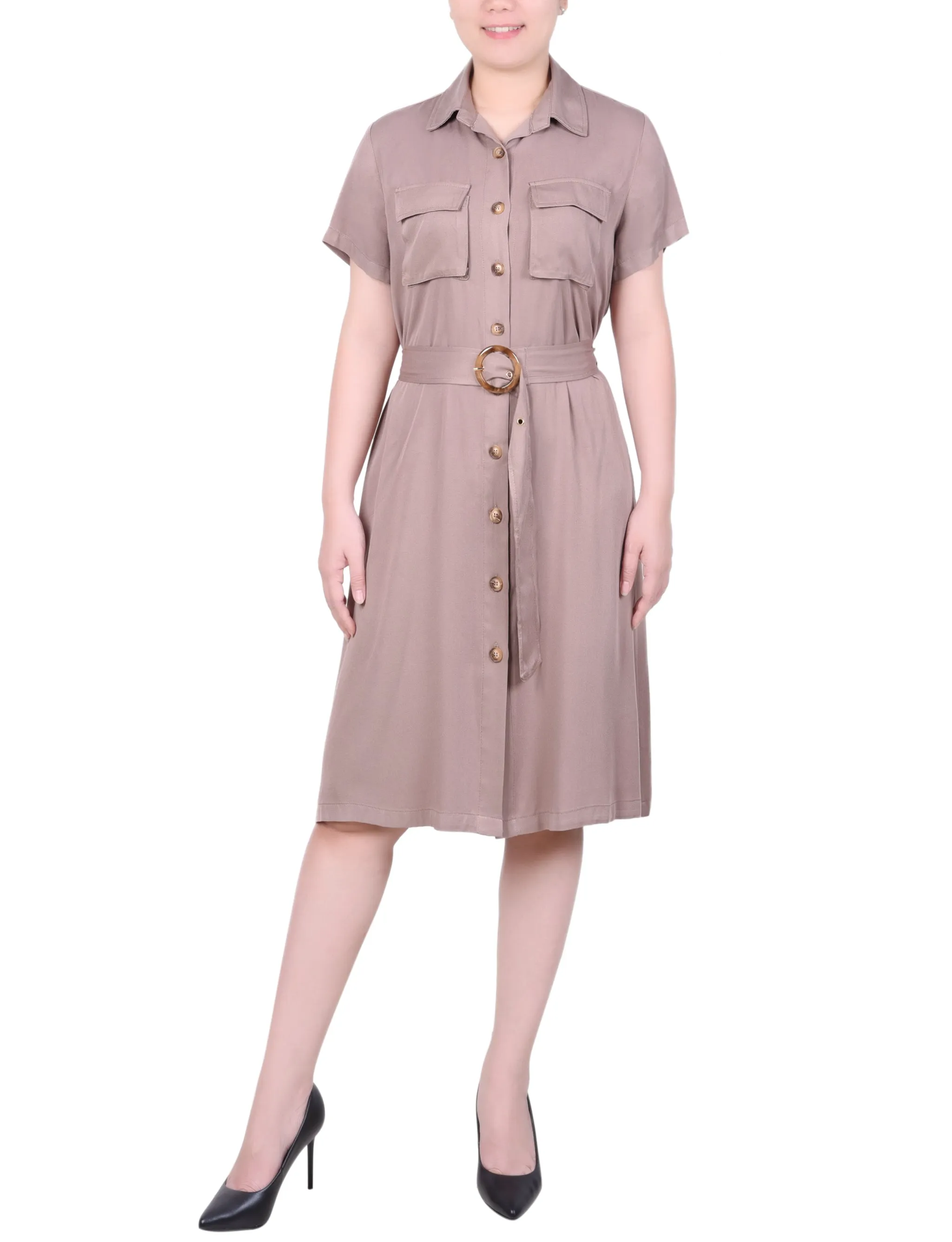 Petite Short Sleeve Safari Style Dress