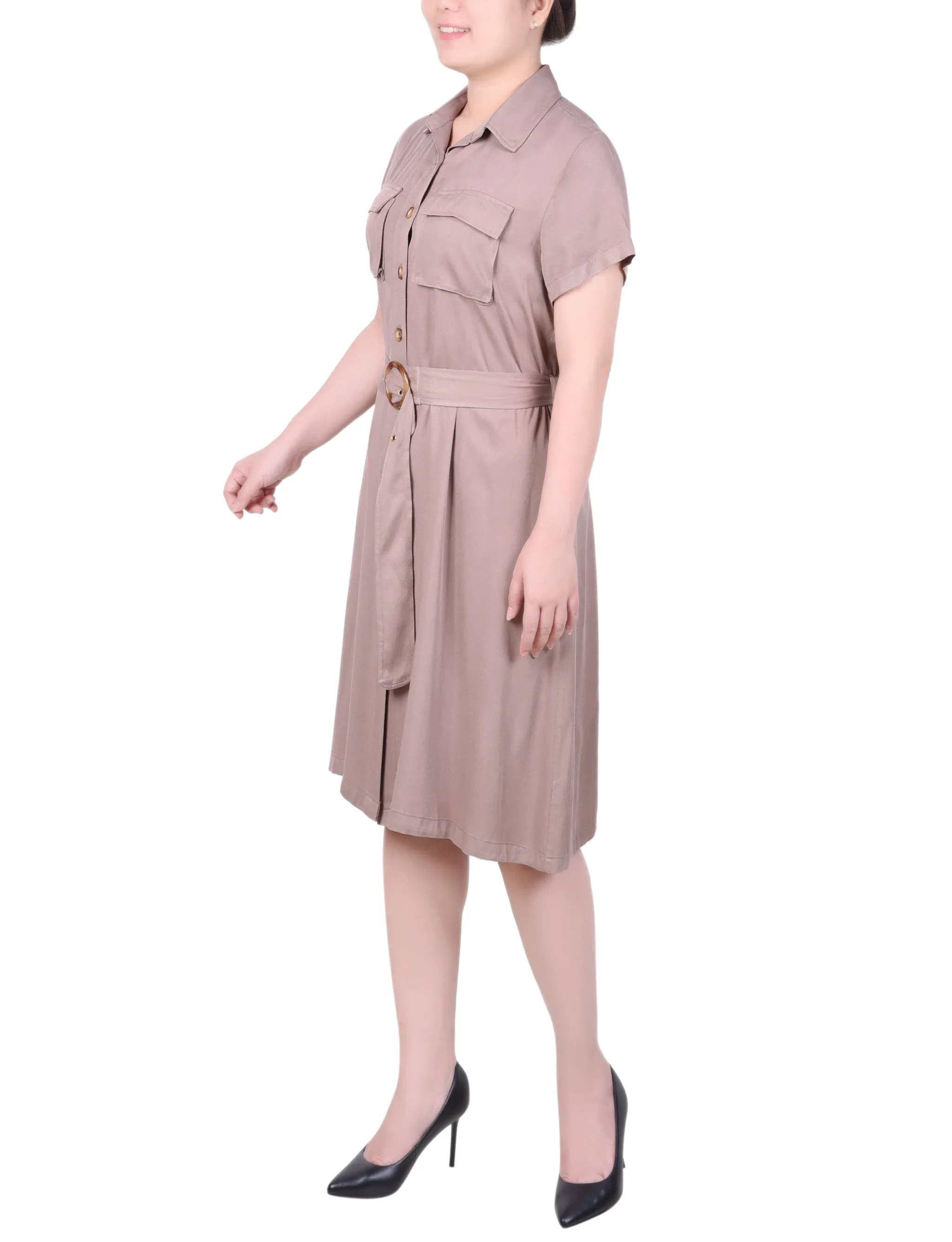 Petite Short Sleeve Safari Style Dress