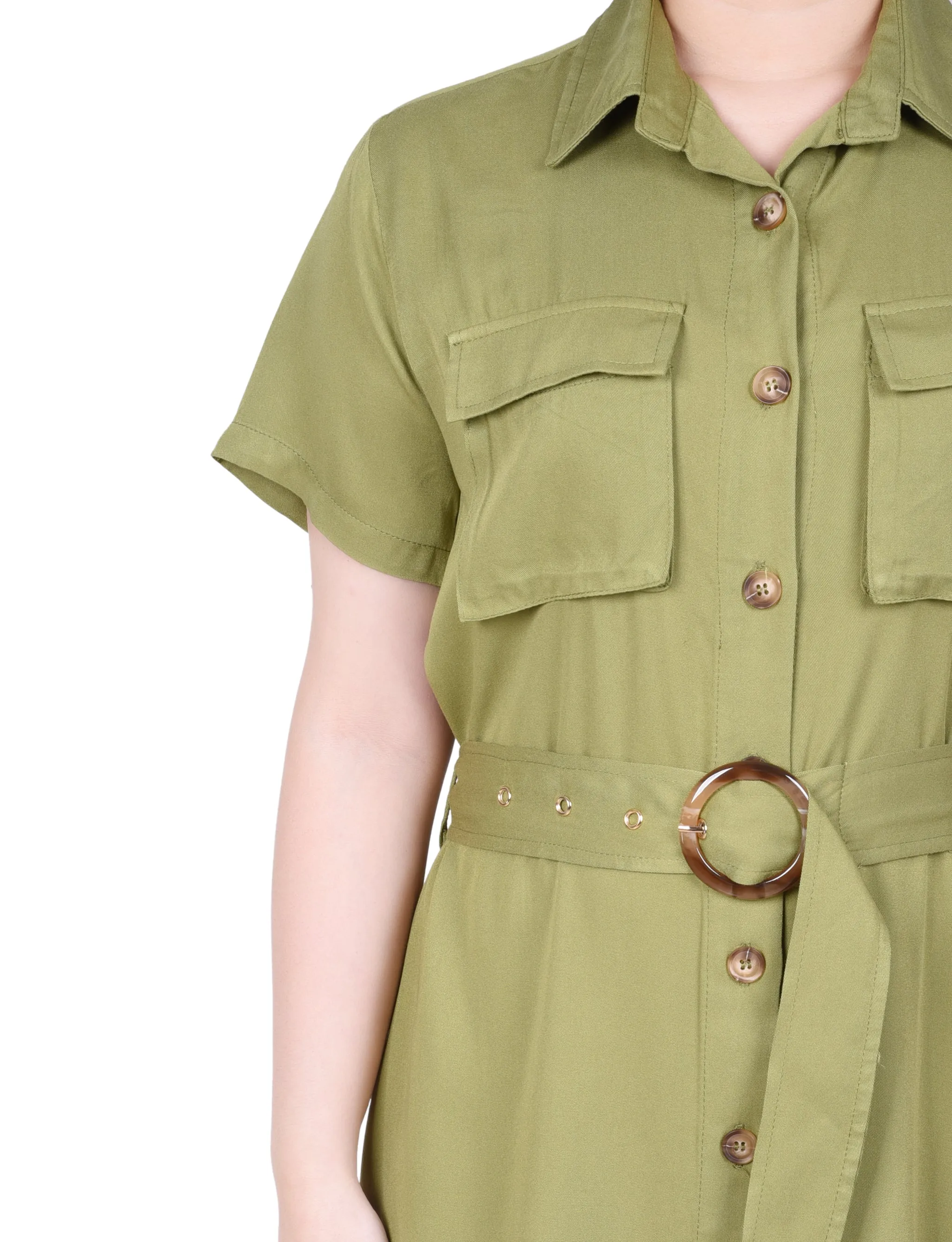 Petite Short Sleeve Safari Style Dress