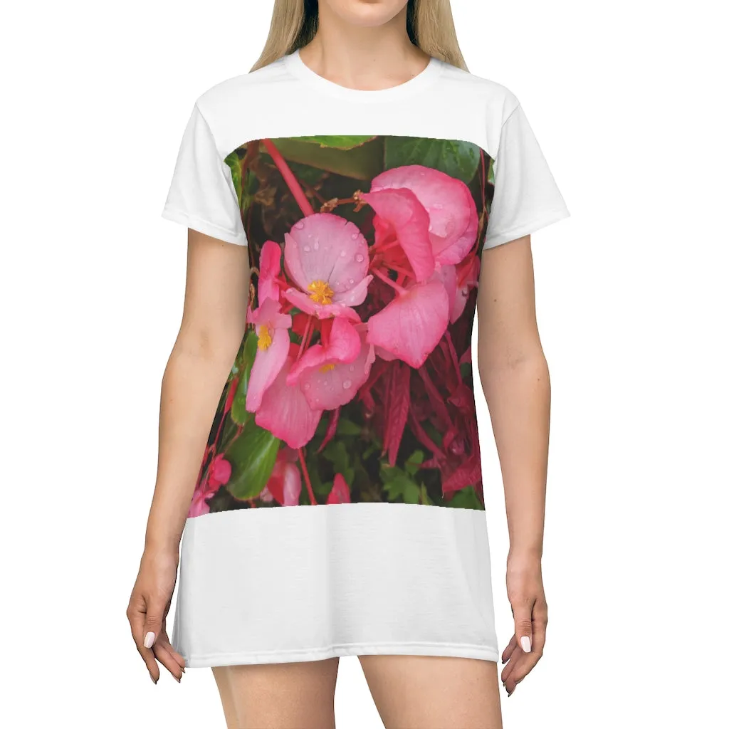 Pink Flowers All Over Print T-Shirt Dress