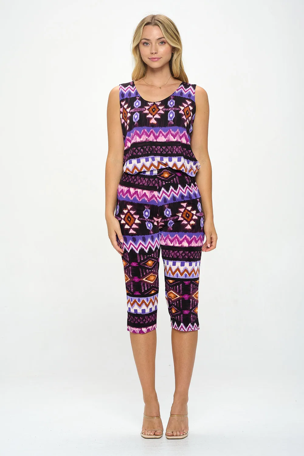 Plus Size Print Sleeveless Capri Pant Set-9002BN-TXP-W407