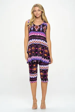 Plus Size Print Sleeveless Capri Pant Set-9002BN-TXP-W407