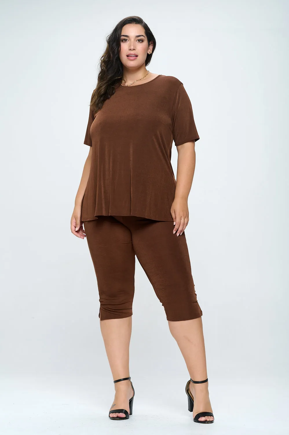 Plus Size Stretchy Capri Pant Set Short Sleeve-9003BN-SXS1