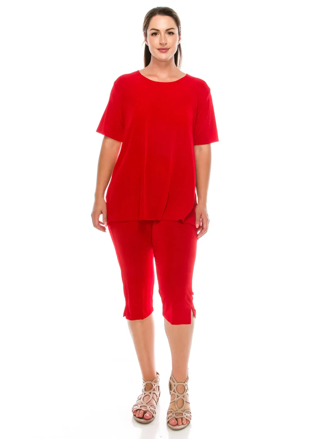 Plus Size Stretchy Capri Pant Set Short Sleeve-9003BN-SXS1