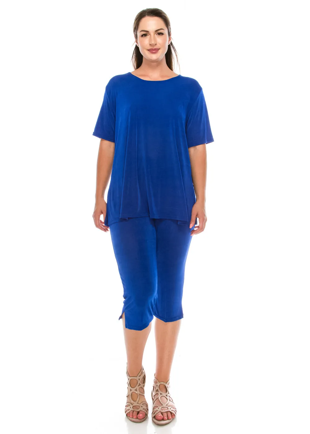 Plus Size Stretchy Capri Pant Set Short Sleeve-9003BN-SXS1