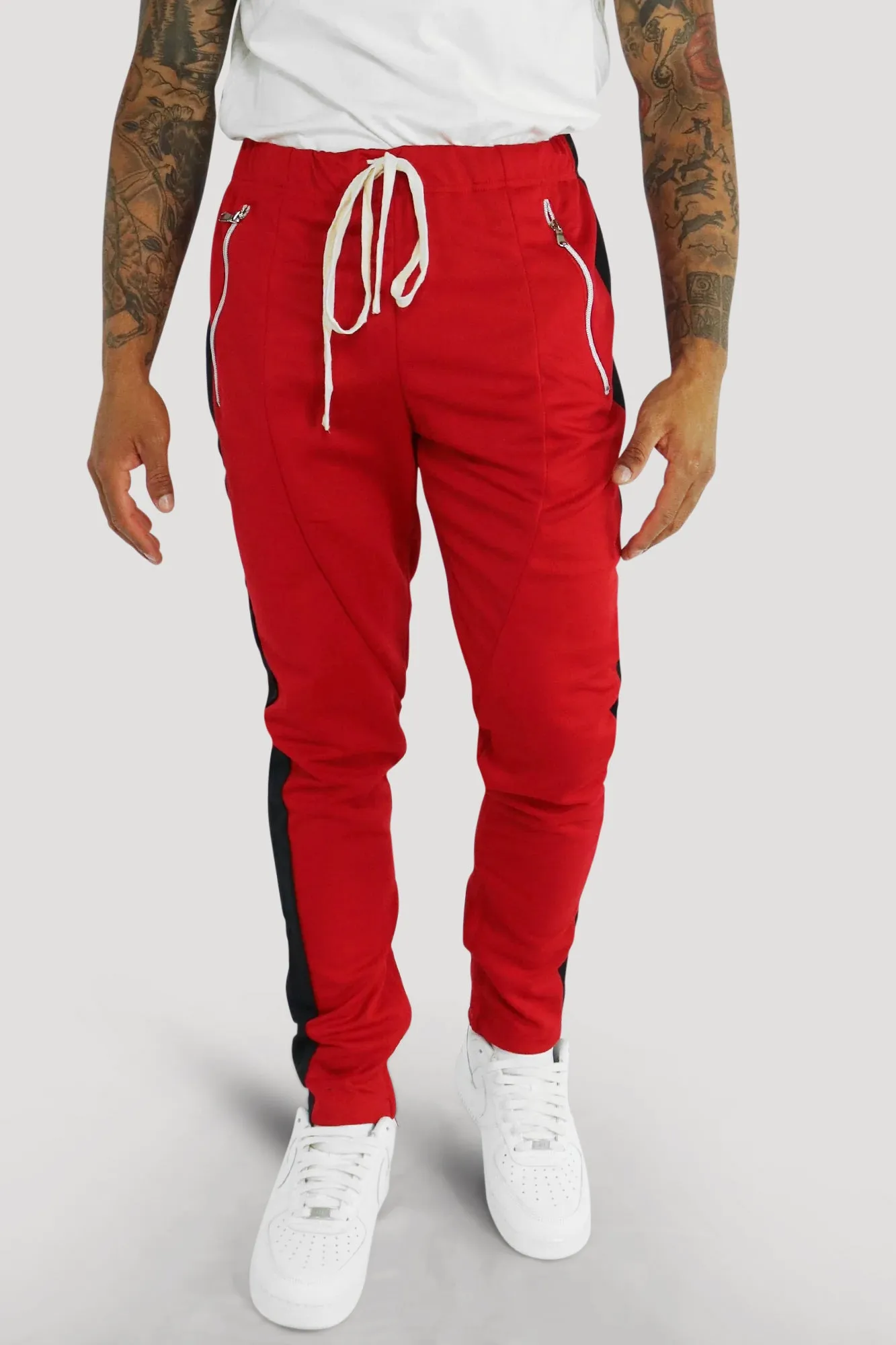 Premium Side Stripe Zip Pocket Track Pants (Red - Black)