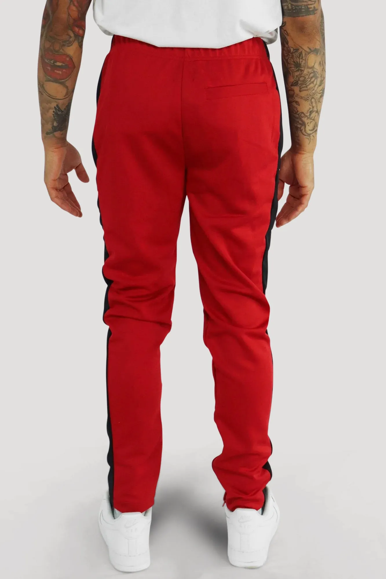 Premium Side Stripe Zip Pocket Track Pants (Red - Black)