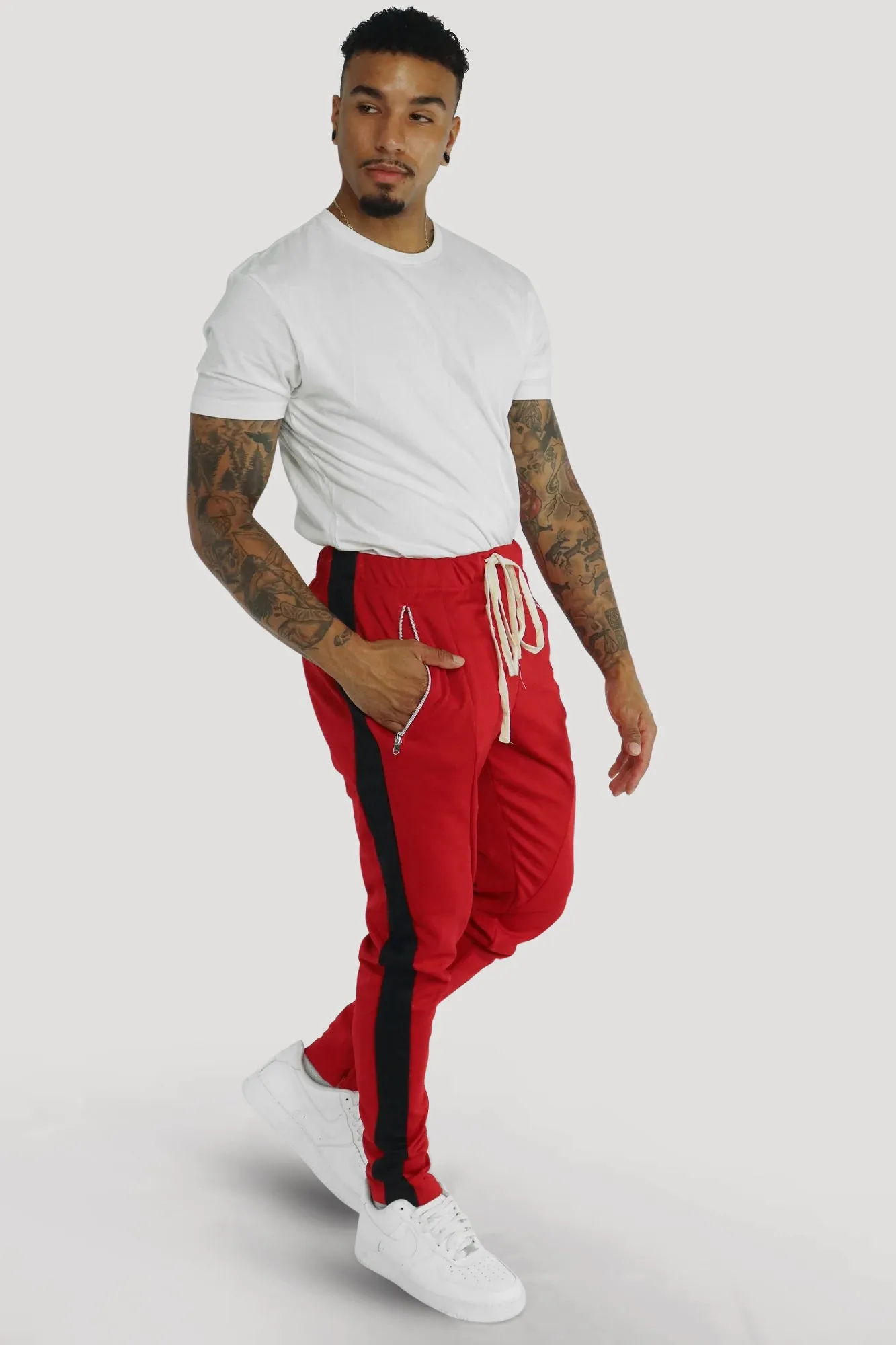 Premium Side Stripe Zip Pocket Track Pants (Red - Black)