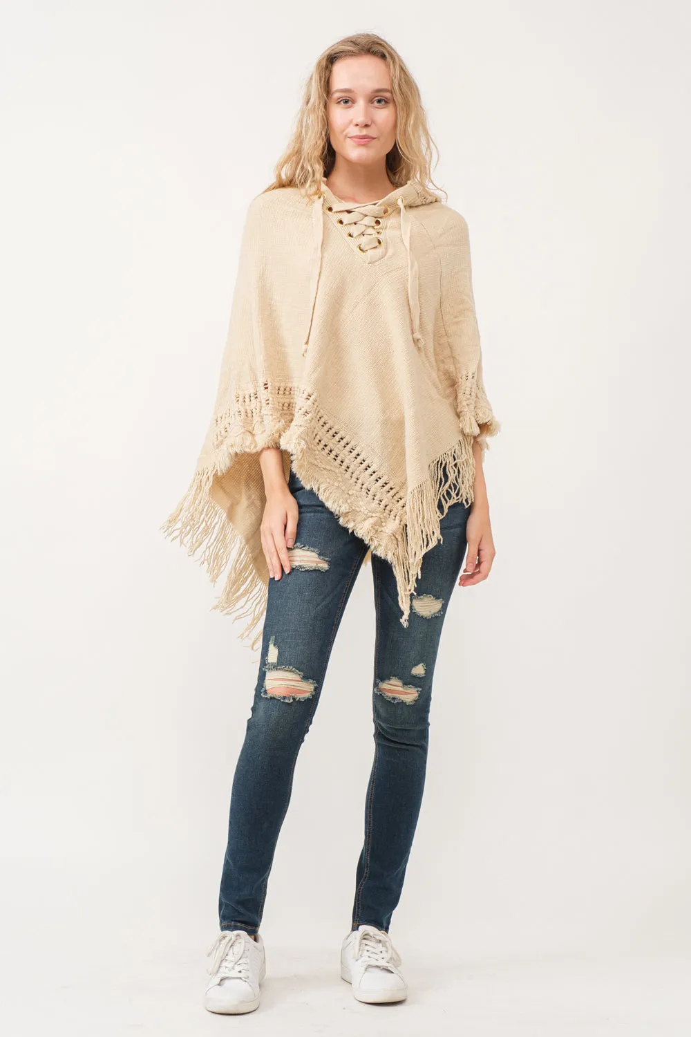 RAJ DYAN HOODED PONCHO CAPE ECRU