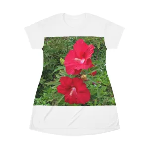 Red Flowers All Over Print T-Shirt Dress