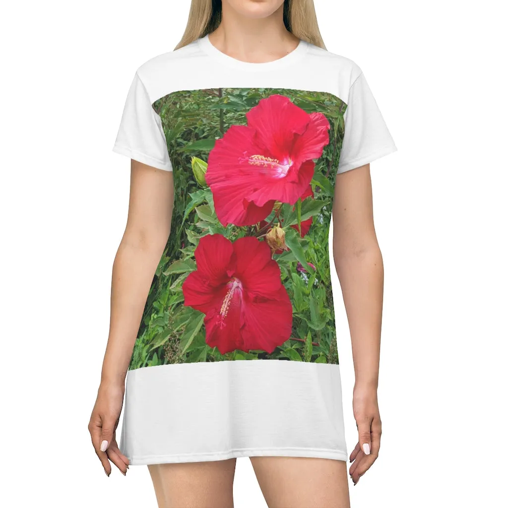 Red Flowers All Over Print T-Shirt Dress