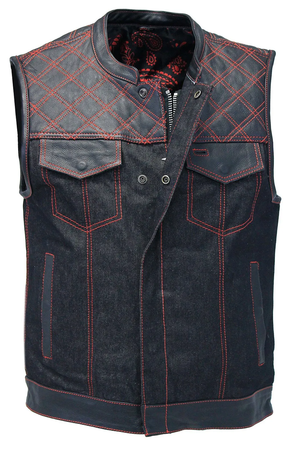 Red Stitch Denim Leather Quilt Concealed Pockets Vest #VM6678DGQR