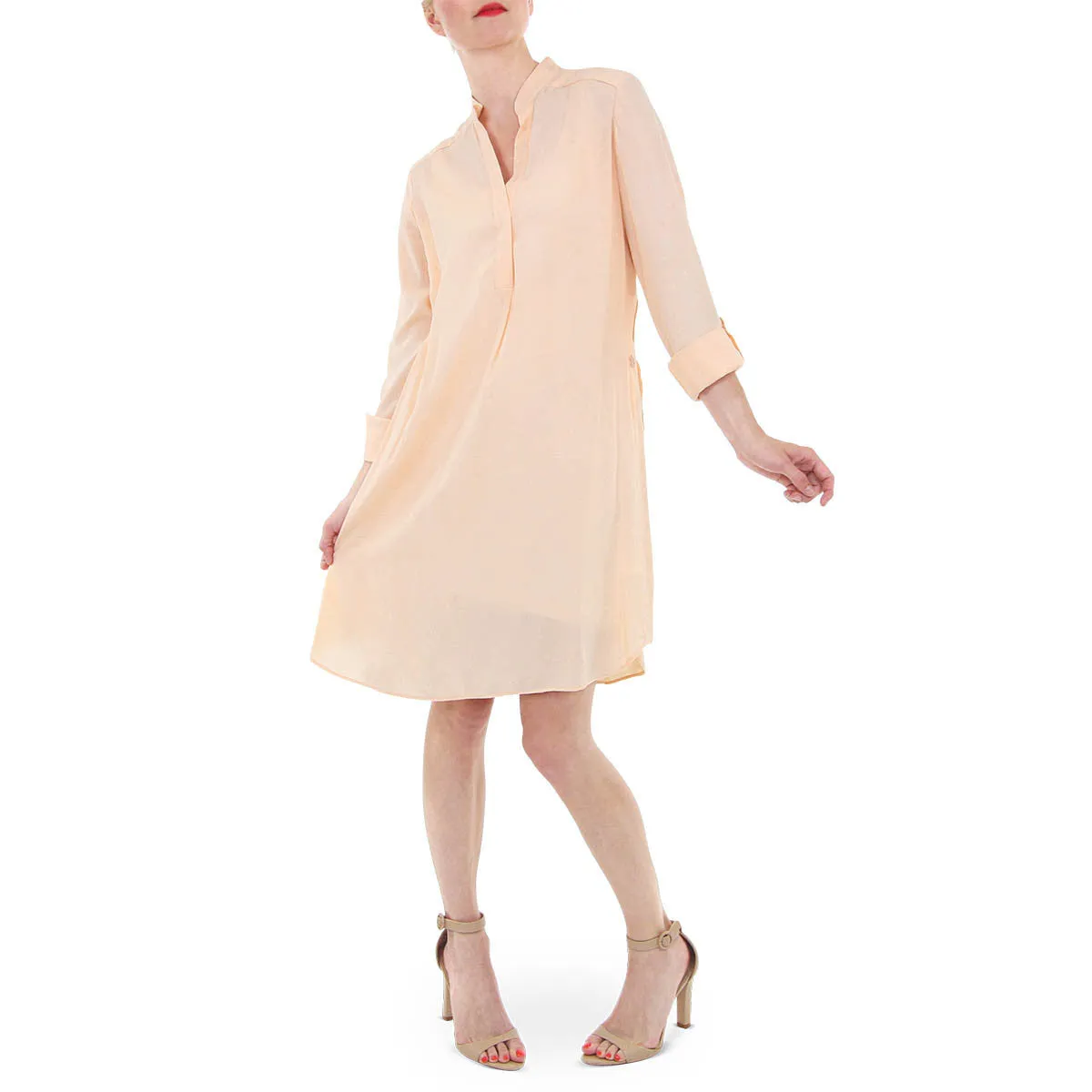 Rolled Sleeve Tunic Style Shirtdress - Peach