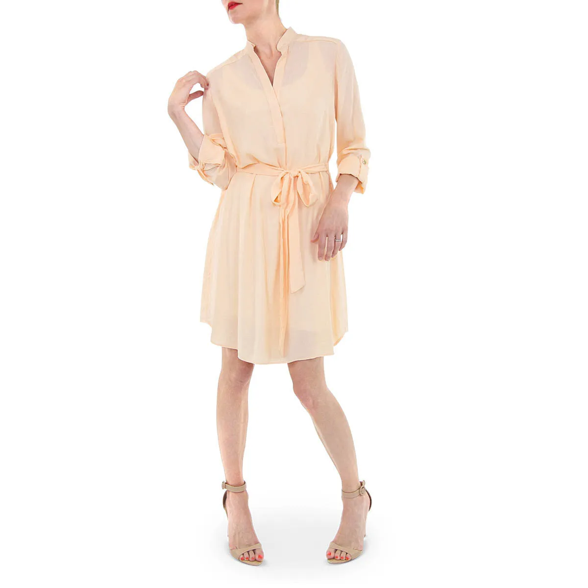 Rolled Sleeve Tunic Style Shirtdress - Peach