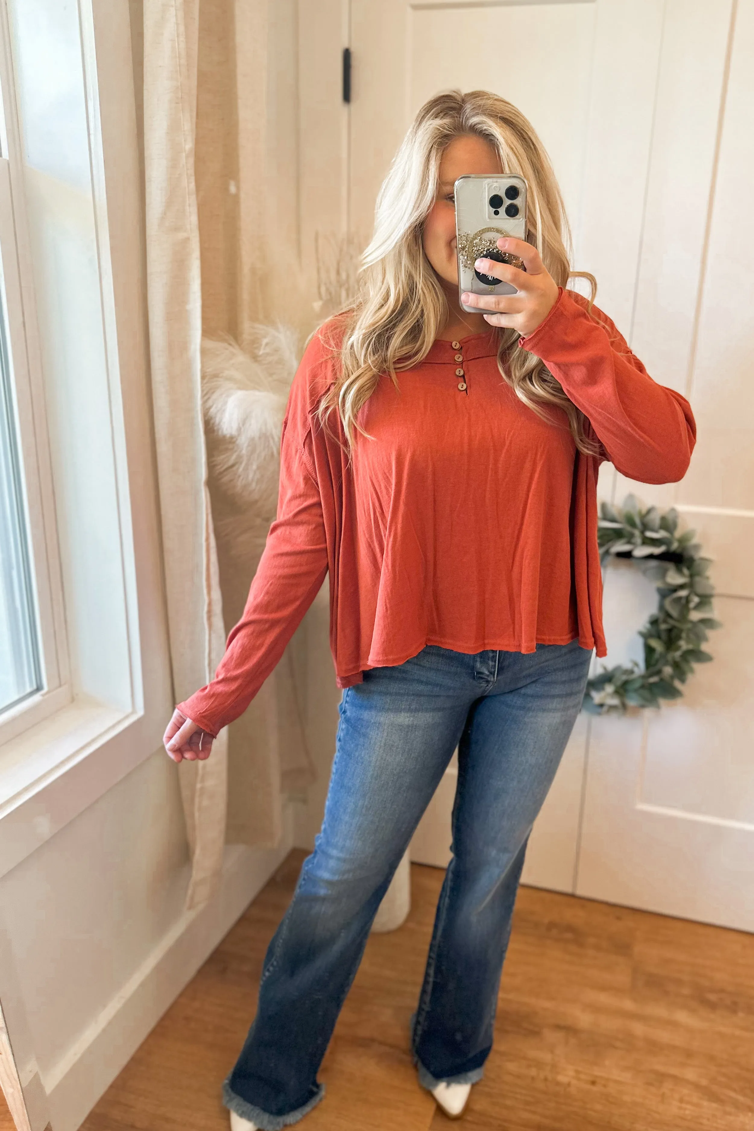 Rusty Loose Fit Henley Long Sleeve Top *FINAL SALE*