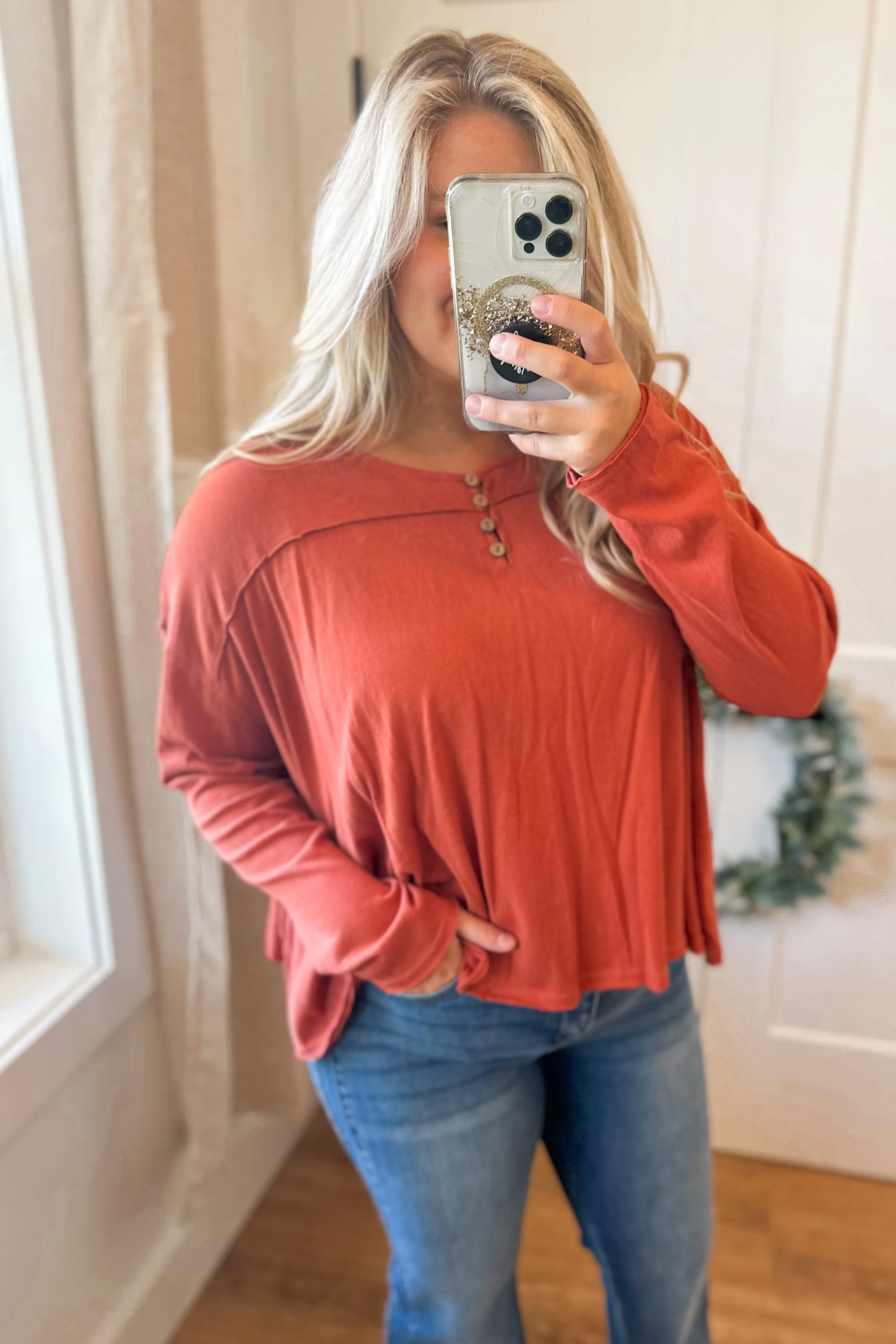 Rusty Loose Fit Henley Long Sleeve Top *FINAL SALE*