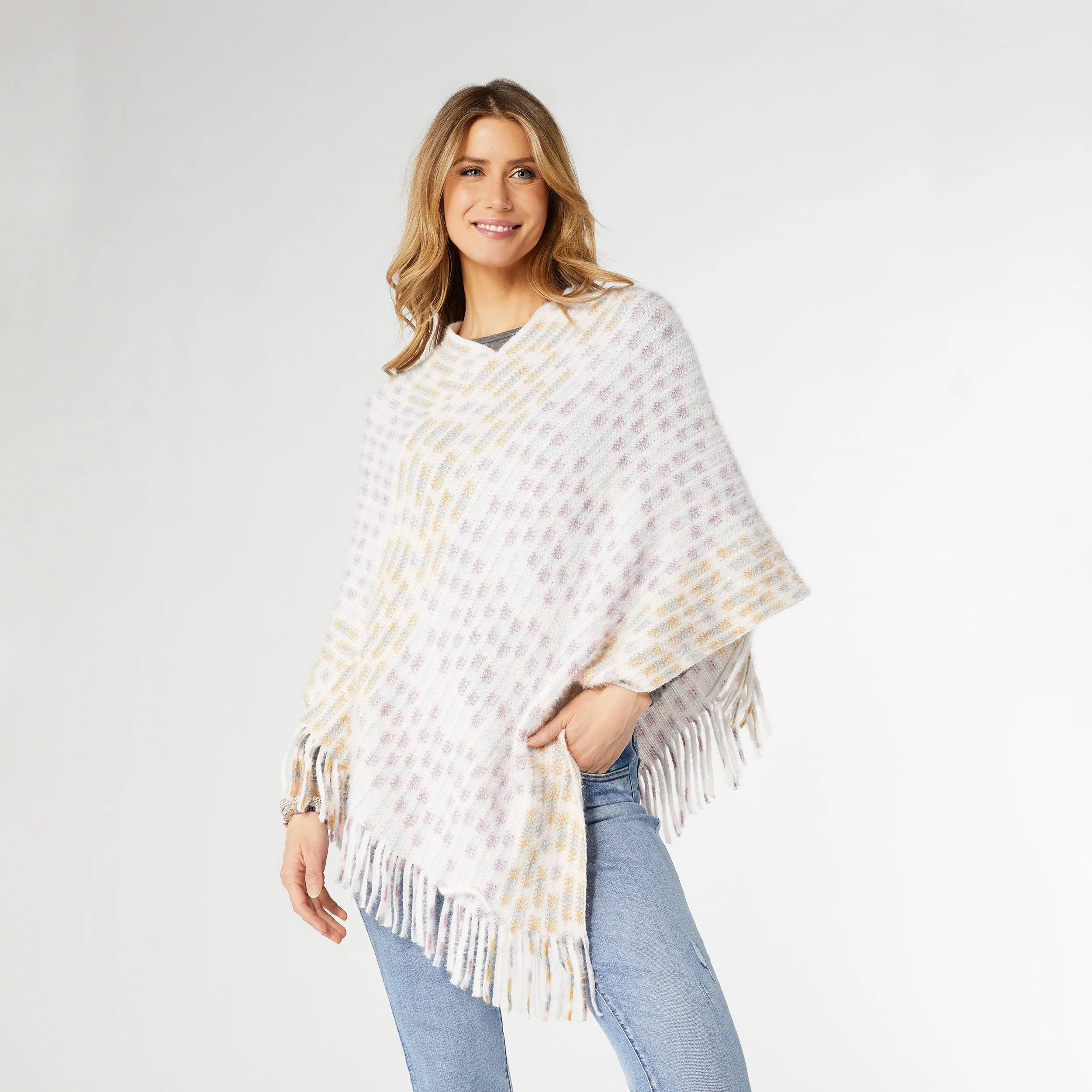 Rylee Striped Poncho with Fringe - Winter White