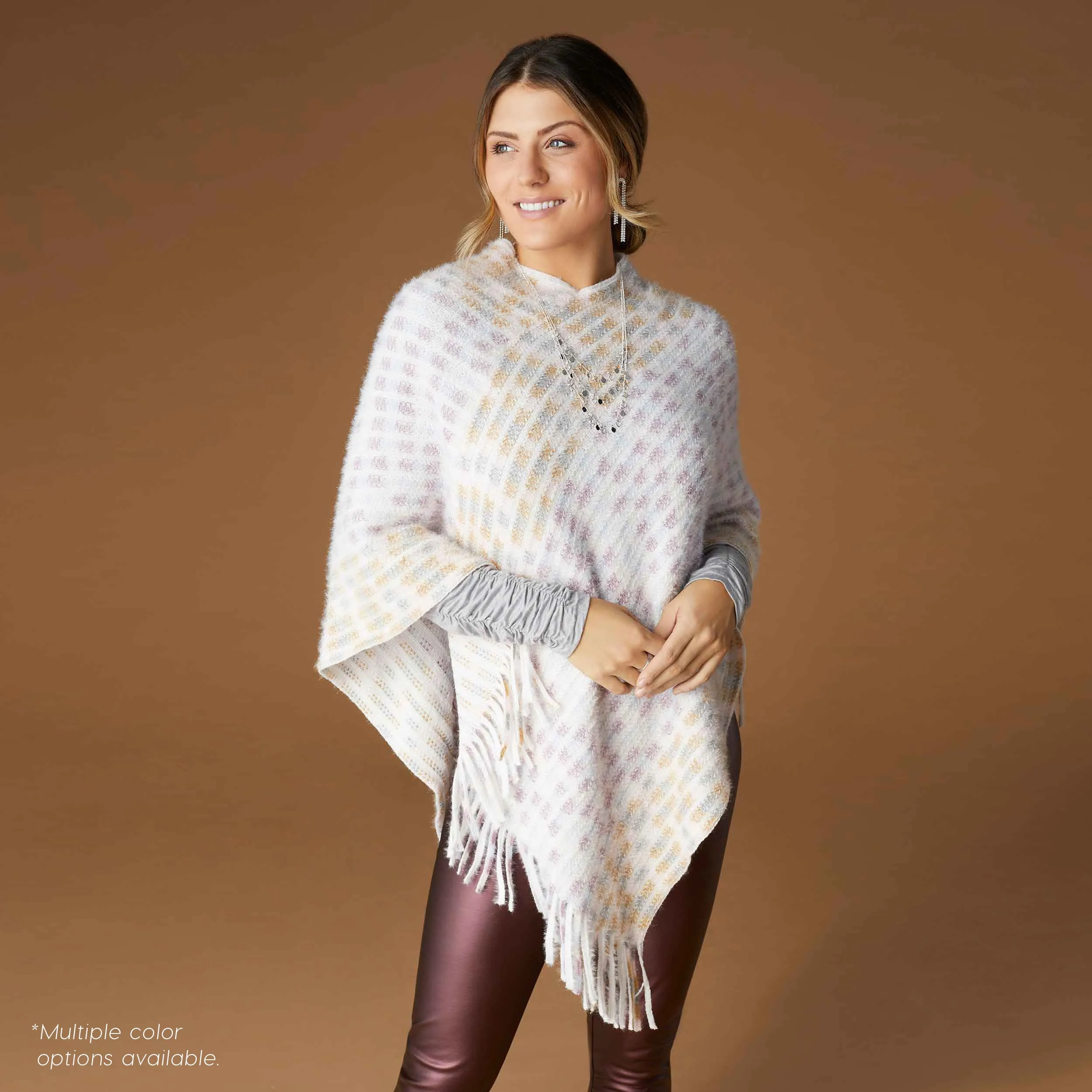 Rylee Striped Poncho with Fringe - Winter White