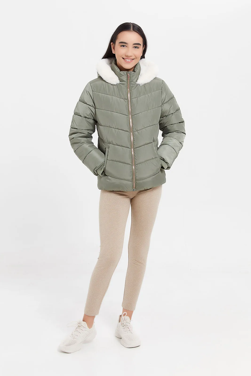 Senior Girls Olive Padded Jacket With Hoody Fur