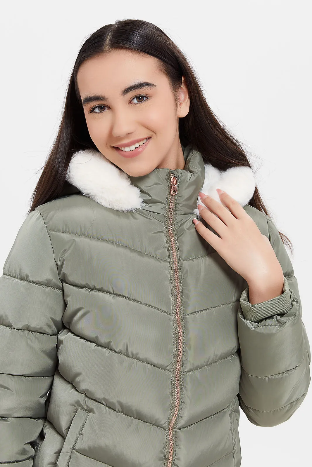 Senior Girls Olive Padded Jacket With Hoody Fur