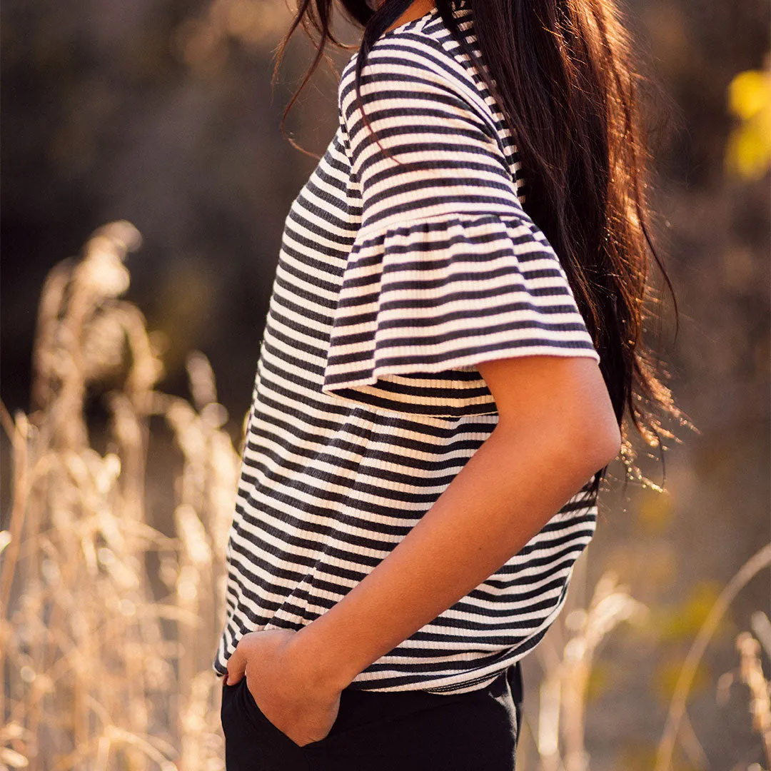 Stripe Ruffle Sleeve Tee, Charcoal