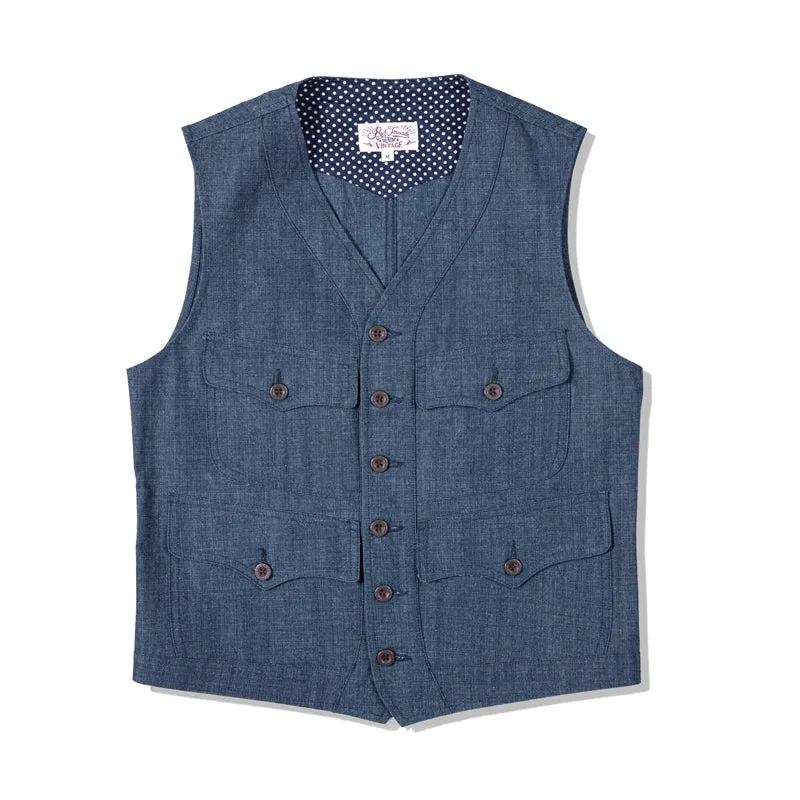 Vintage Inspired Men's Slim Fit Denim Vest with Pockets - Blue