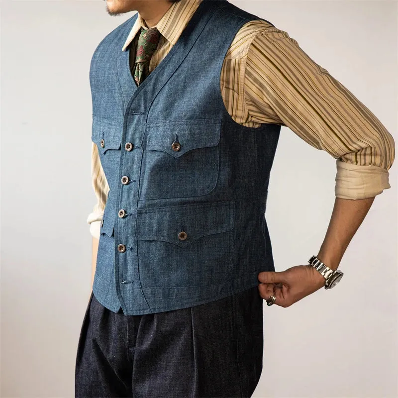 Vintage Inspired Men's Slim Fit Denim Vest with Pockets - Blue