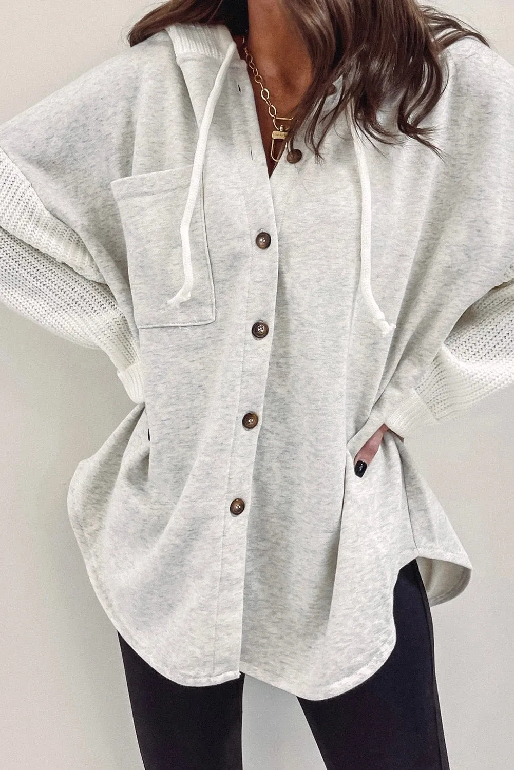 Women's Button Up Contrast Knitted Sleeves Hooded Jacket