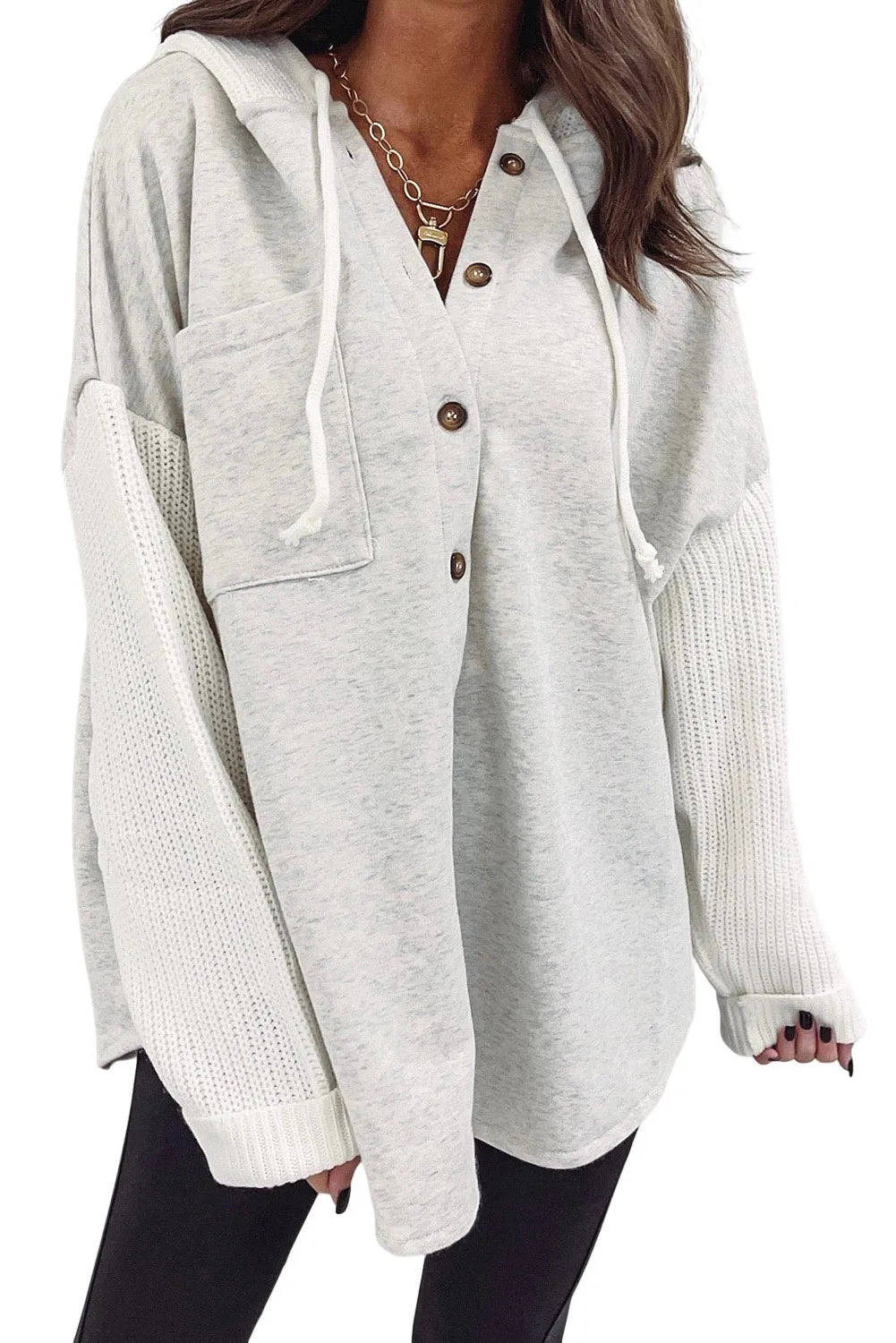 Women's Button Up Contrast Knitted Sleeves Hooded Jacket