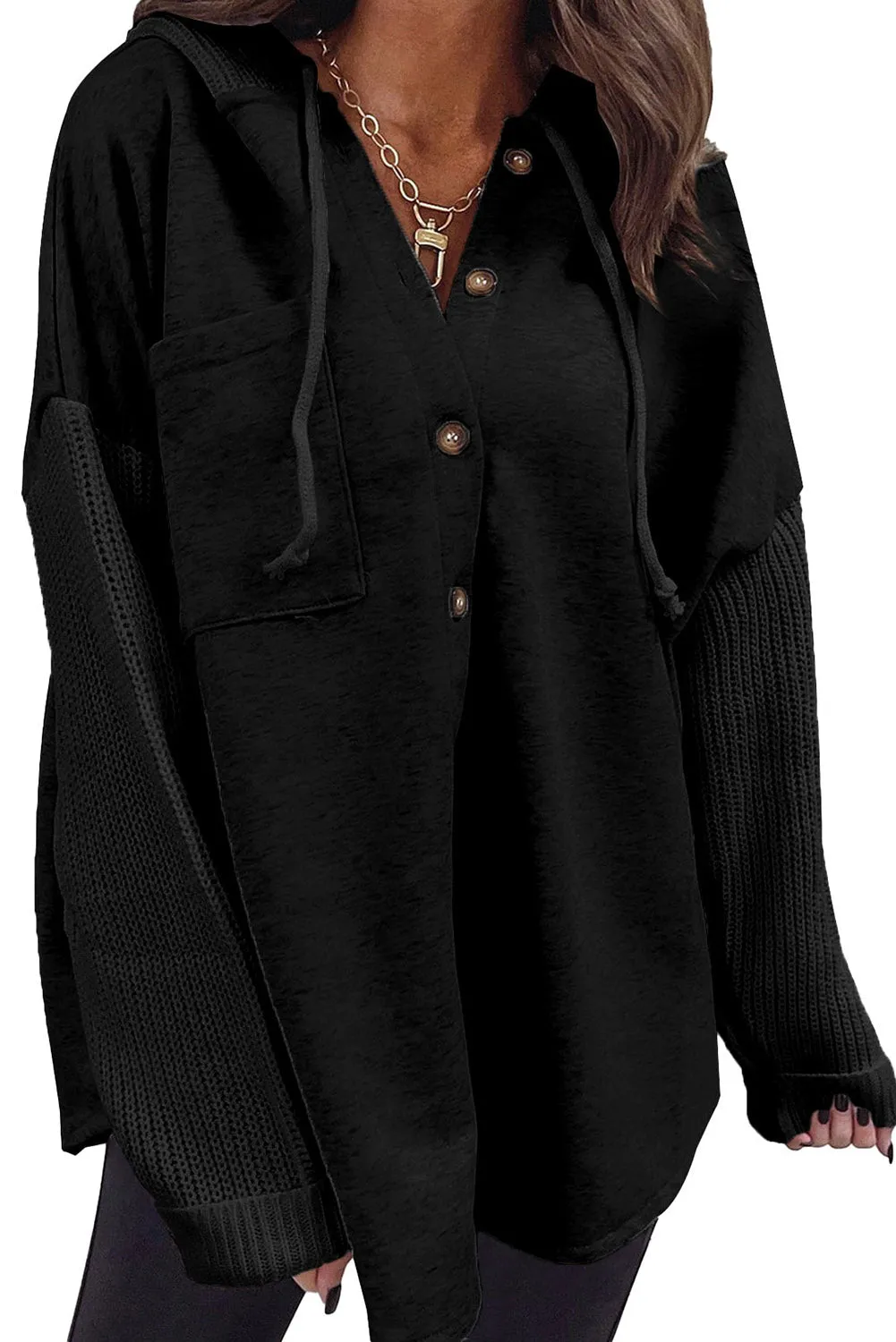 Women's Button Up Contrast Knitted Sleeves Hooded Jacket