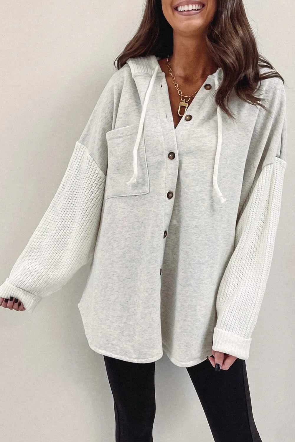 Women's Button Up Contrast Knitted Sleeves Hooded Jacket