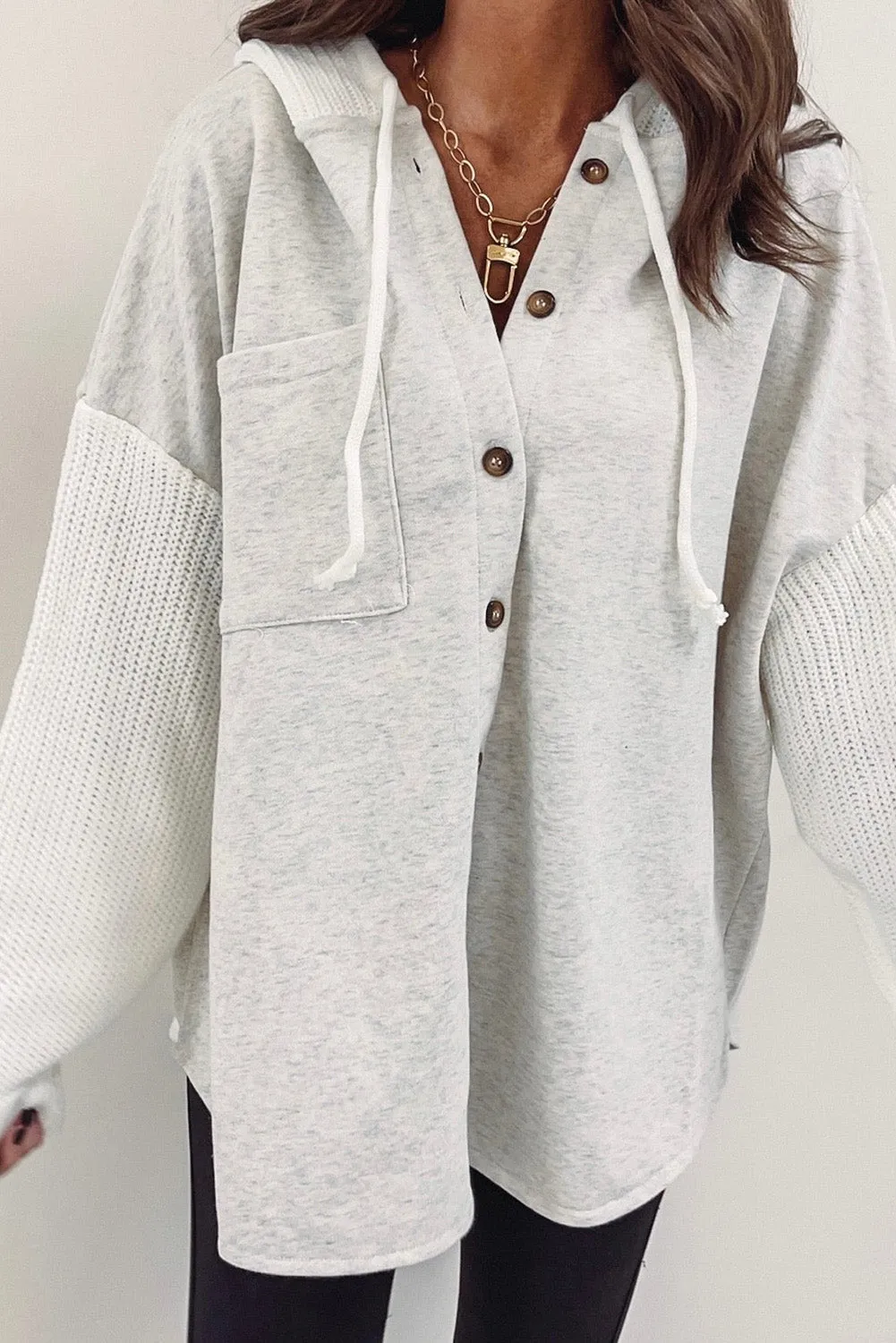 Women's Button Up Contrast Knitted Sleeves Hooded Jacket